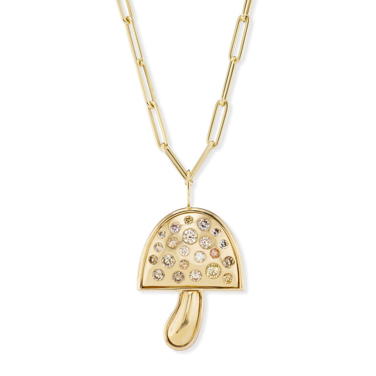 Large Gold Mushroom with Champagne Diamonds on 32" Chain