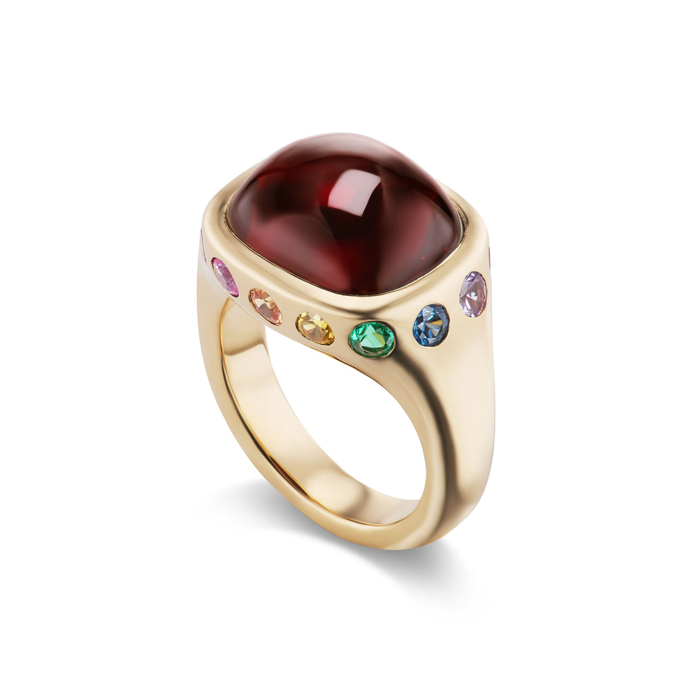 One-of-a-Kind Garnet Crown Ring with Rainbow Stones