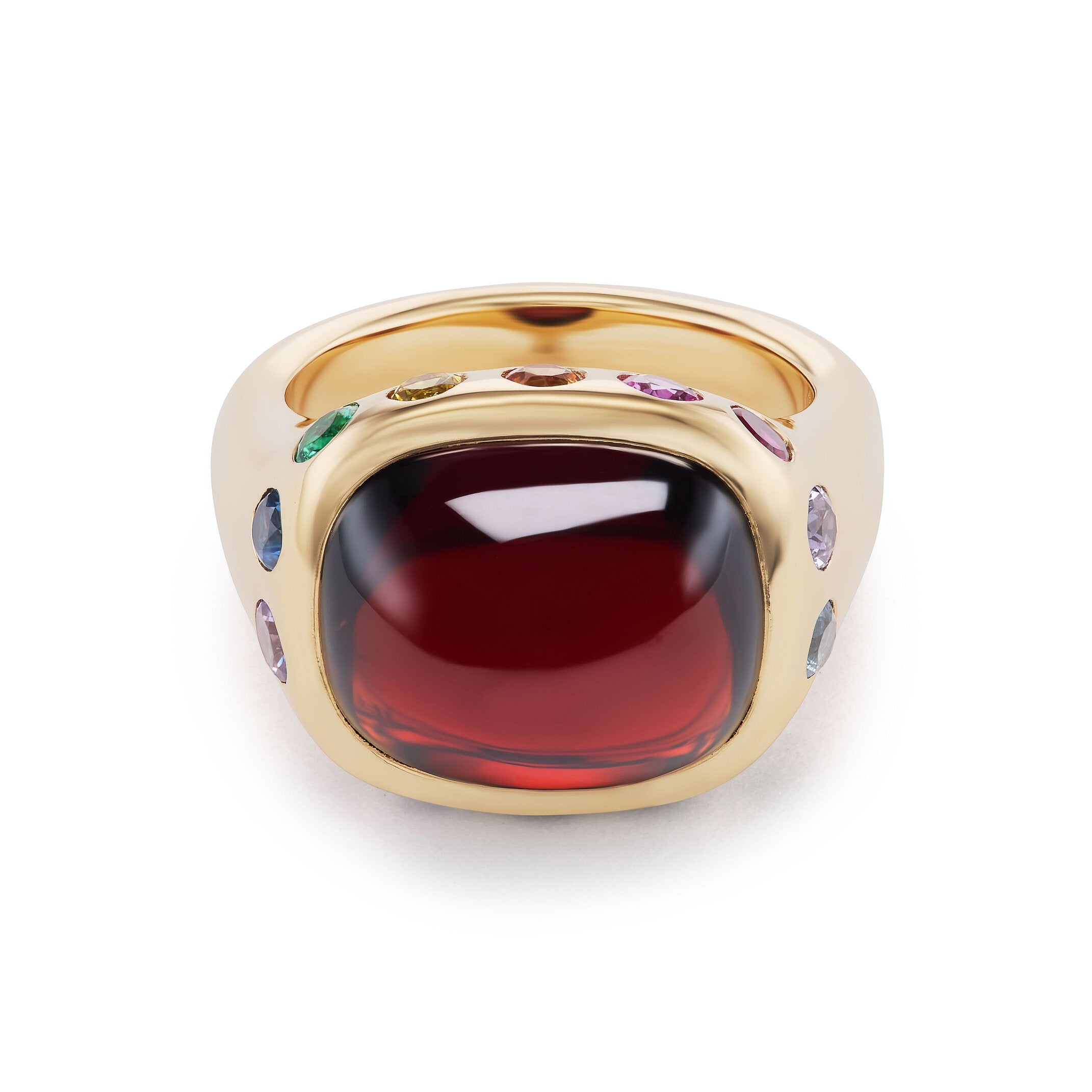 One-of-a-Kind Garnet Crown Ring with Rainbow Stones