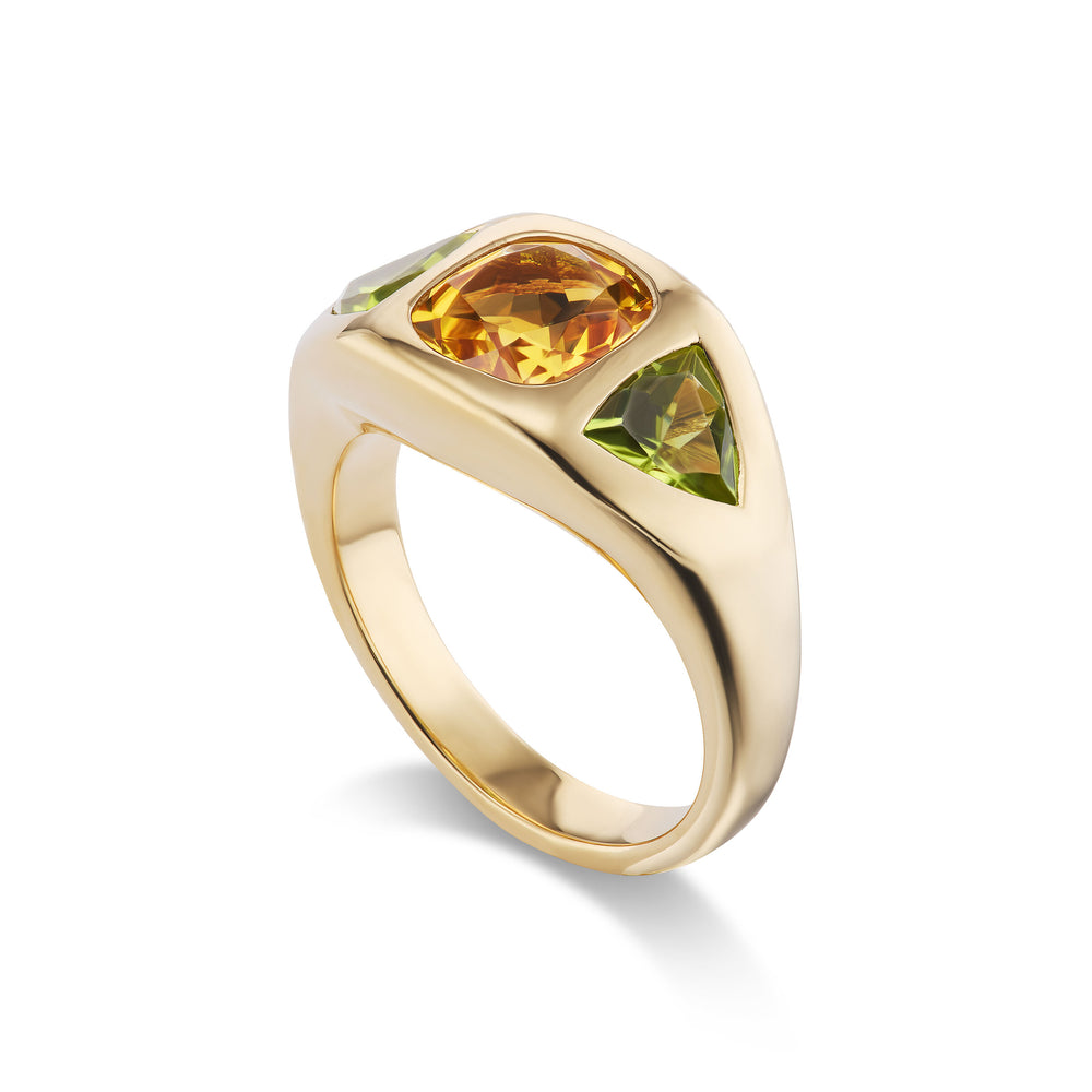 Citrine Cushion Gypsy Ring with Peridot Trillion Sides