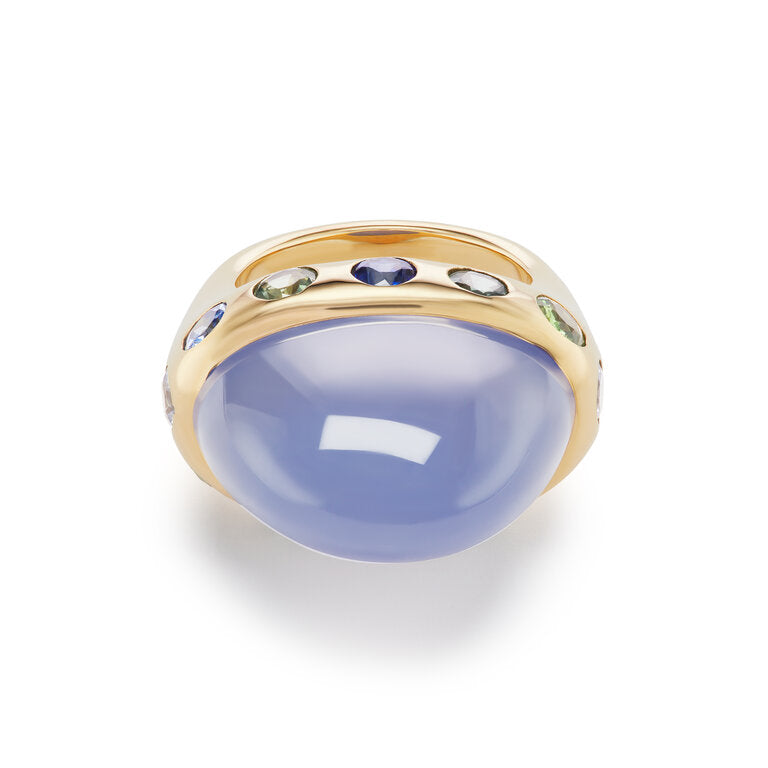One-of-a-Kind Blue Chalcedony Crown Ring with Multi-Colored Sapphires