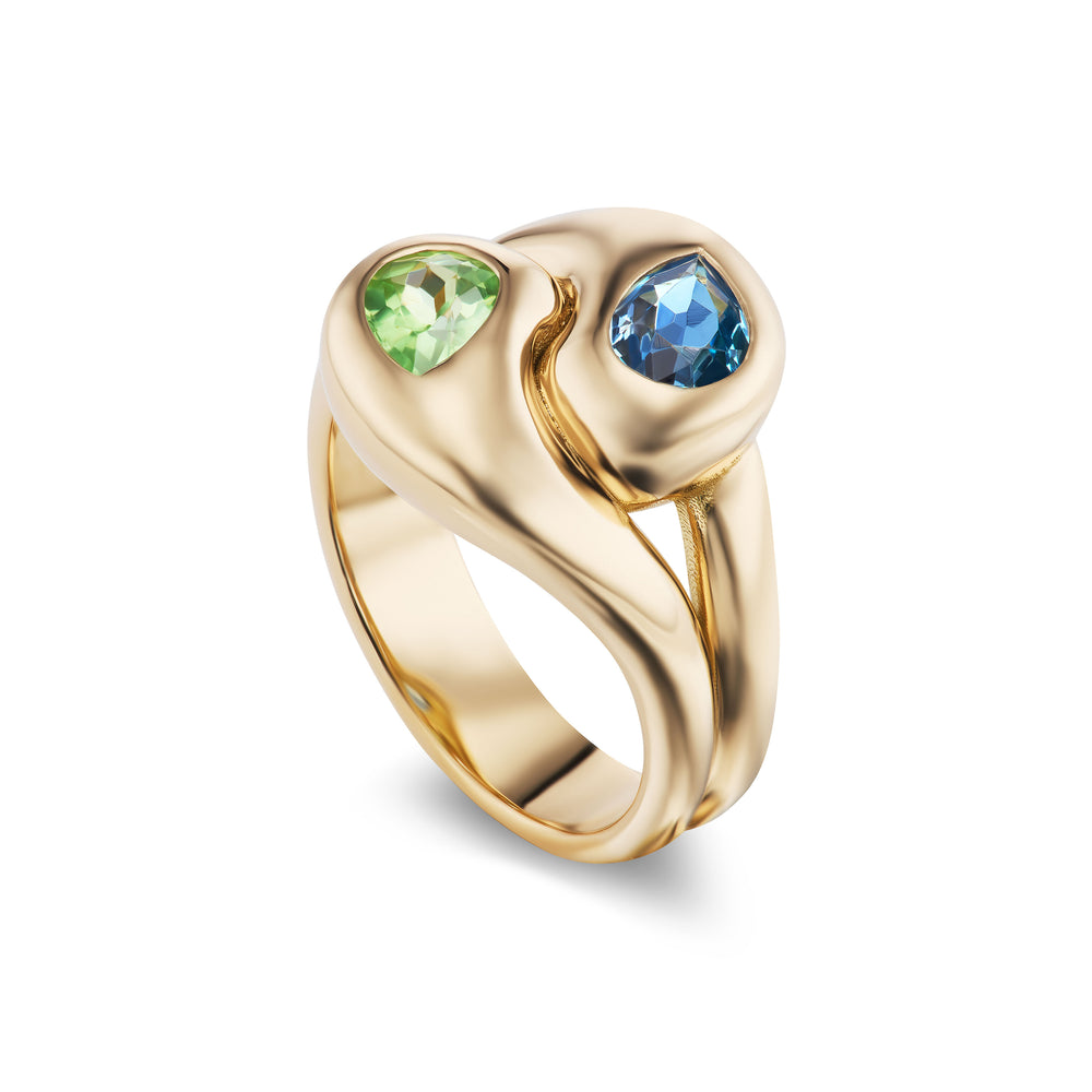 Knot Ring with Aquamarine and Tsavorite Pears