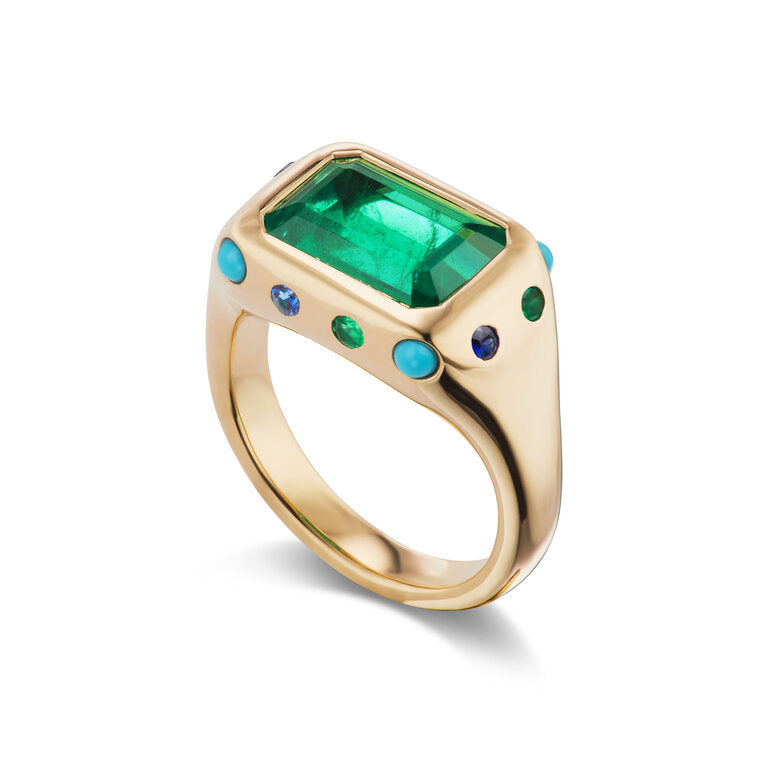 One-of-a-Kind Emerald Crown Ring with Turquoise, Sapphire & Emerald