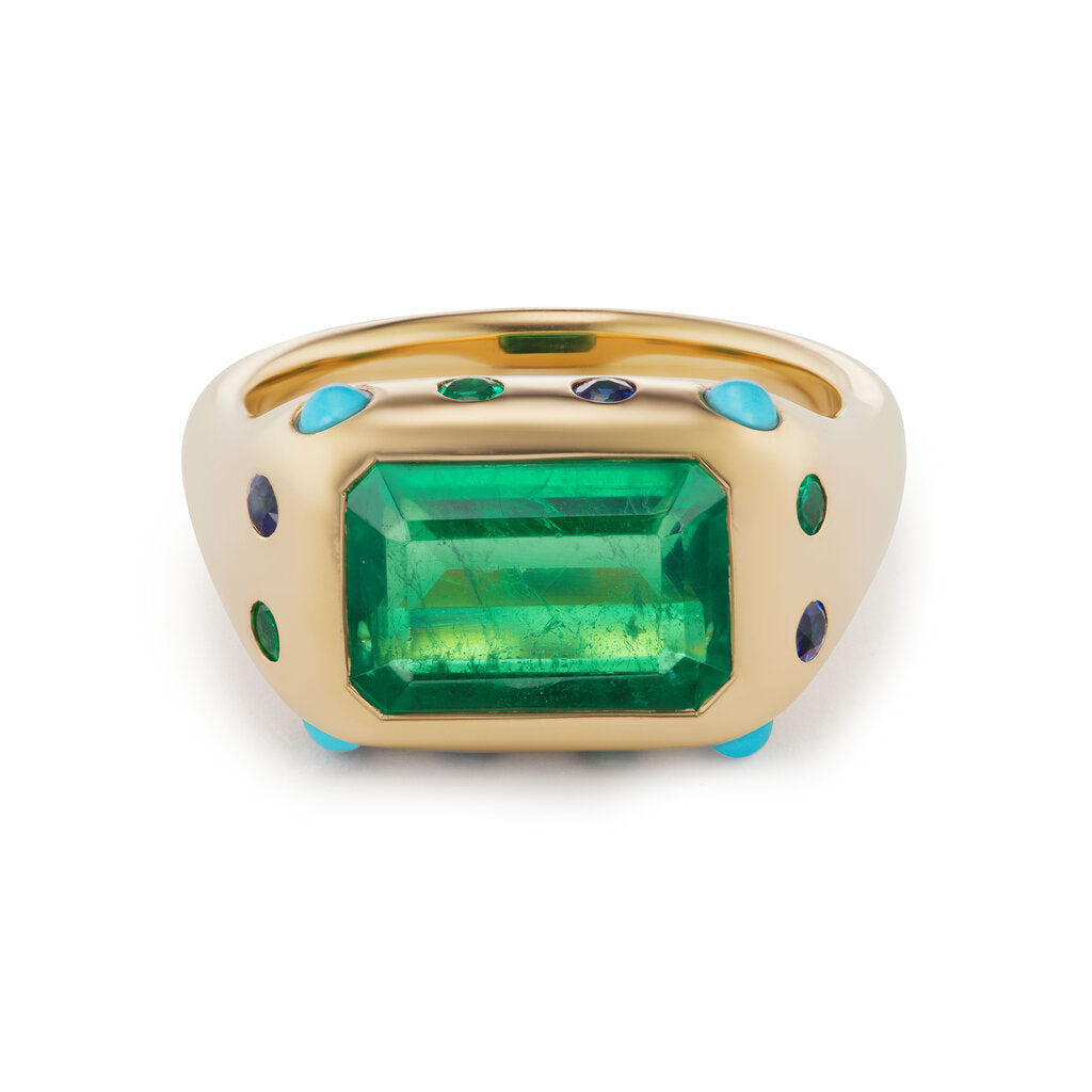One-of-a-Kind Emerald Crown Ring with Turquoise, Sapphire & Emerald