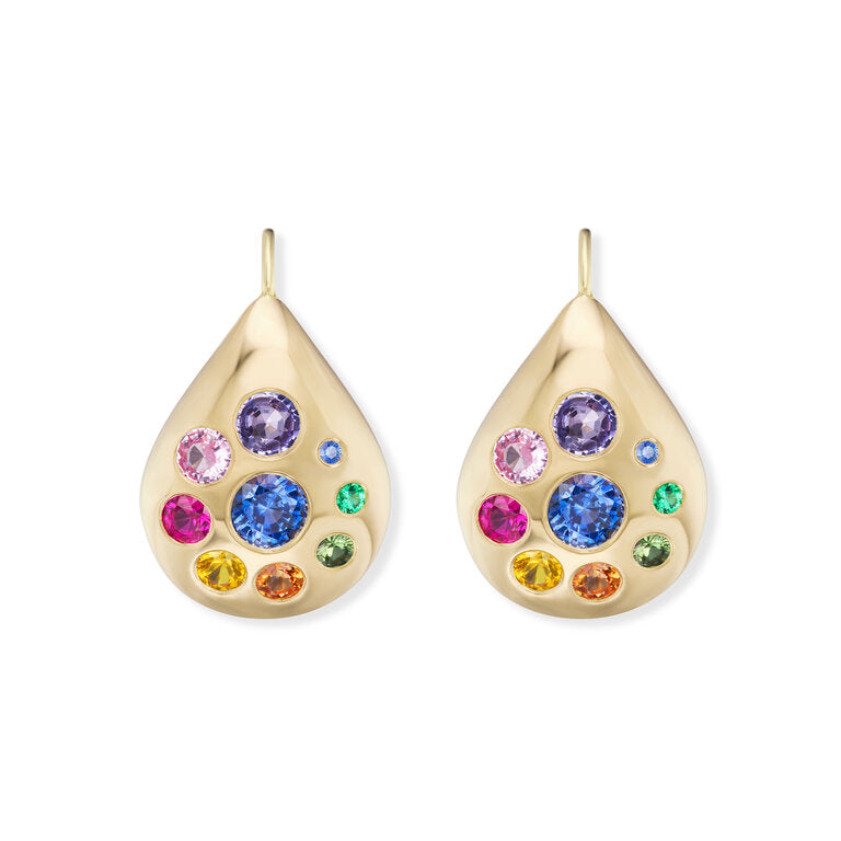 Large Petal Drop Earrings with Rainbow Sapphire & Emerald