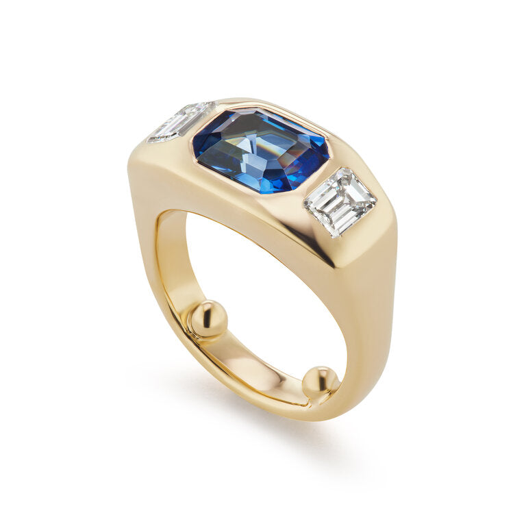 One-of-a-Kind Emerald-Cut Sapphire Gypsy with Emerald-Cut Diamond Sides